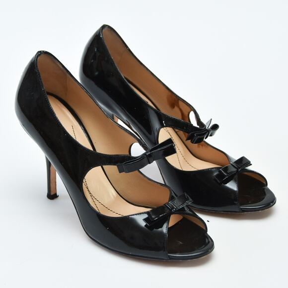 Kate Spade New York Cammie Black Patent Leather Bow Peep Toe Heels Size 8 - Picture 4 of 6